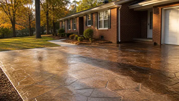 A roller applies sealer to a stamped patio surface. at a red-brick ranch home in Warner Robins, GA, in late afternoon light.