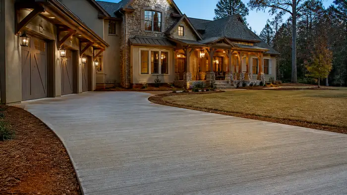 A broom drags across a driveway creating a slip-resistant texture. at a stacked-stone and stucco home in Warner Robins, GA, at blue hour.