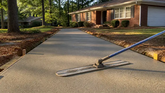 A bull float smooths a residential walkway surface after screeding. at a red-brick ranch home in Warner Robins, GA, in late afternoon light.