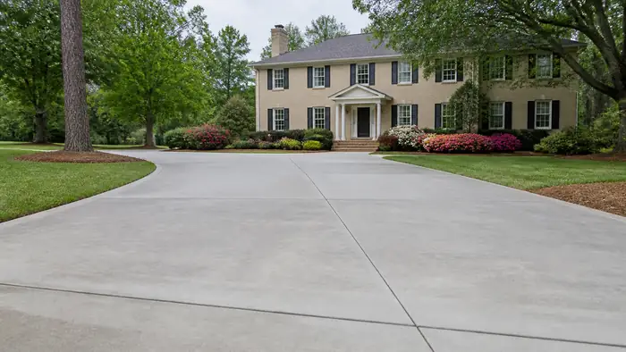 colored concrete installation completed by a local contractor at a tan-brick colonial in Warner Robins, GA, under bright midday cloud.