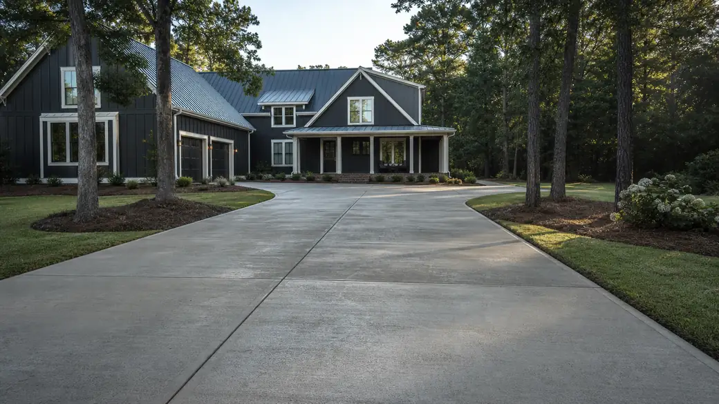 commercial concrete construction completed by a local contractor at a charcoal farmhouse-modern home in Warner Robins, GA, in early morning light.