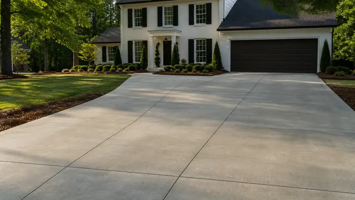 concrete construction services completed by a local contractor at a painted-white-brick two-story home in Warner Robins, GA, under low winter sun.