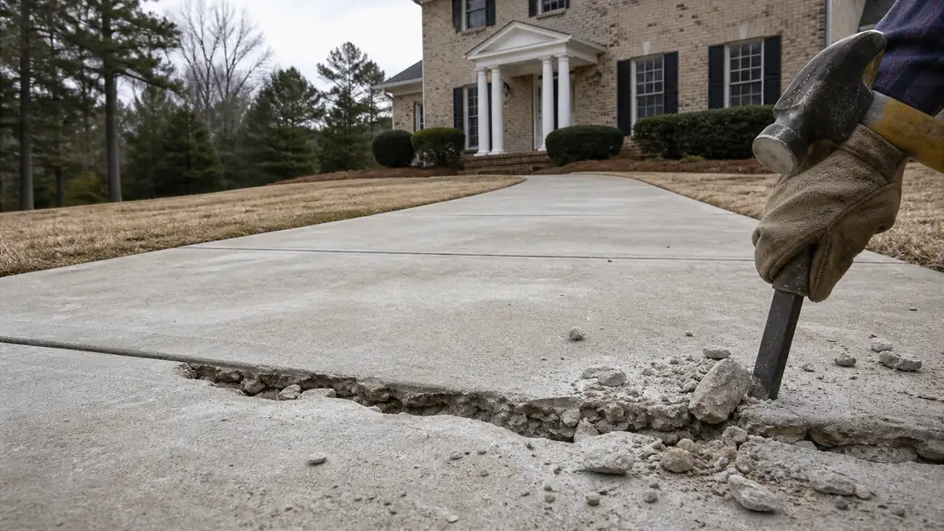 concrete driveway crack repair completed by a local contractor at a tan-brick colonial in Warner Robins, GA, under bright midday cloud.