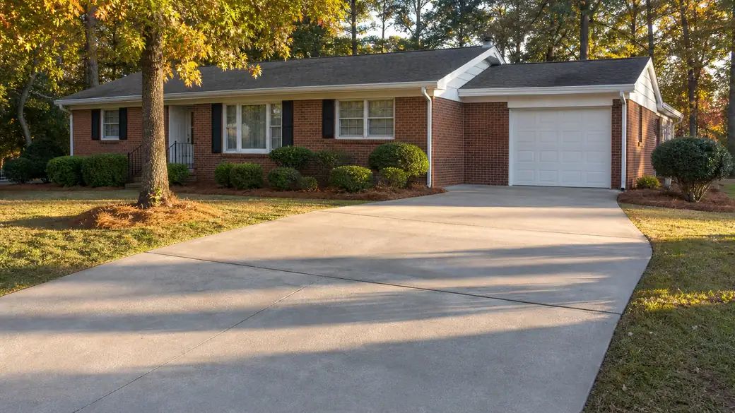concrete expansion joint installation completed by a local contractor at a red-brick ranch home in Warner Robins, GA, in late afternoon light.