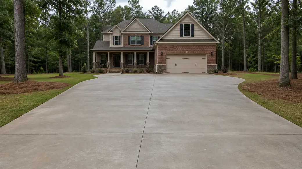 concrete flooring installation completed by a local contractor at a brick-and-siding two-story home in Warner Robins, GA, under an overcast sky.