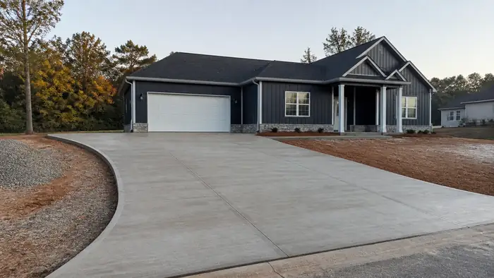 concrete installation completed by a local contractor at a charcoal farmhouse-modern home in Warner Robins, GA, in early morning light.