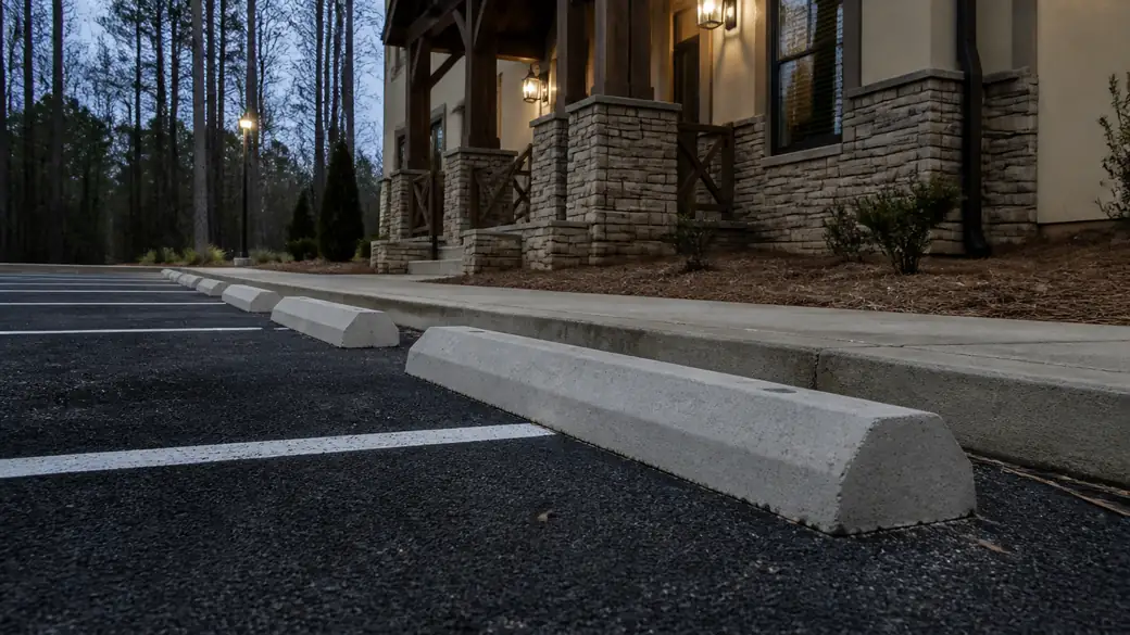 concrete parking lot construction completed by a local contractor at a stacked-stone and stucco home in Warner Robins, GA, at blue hour.
