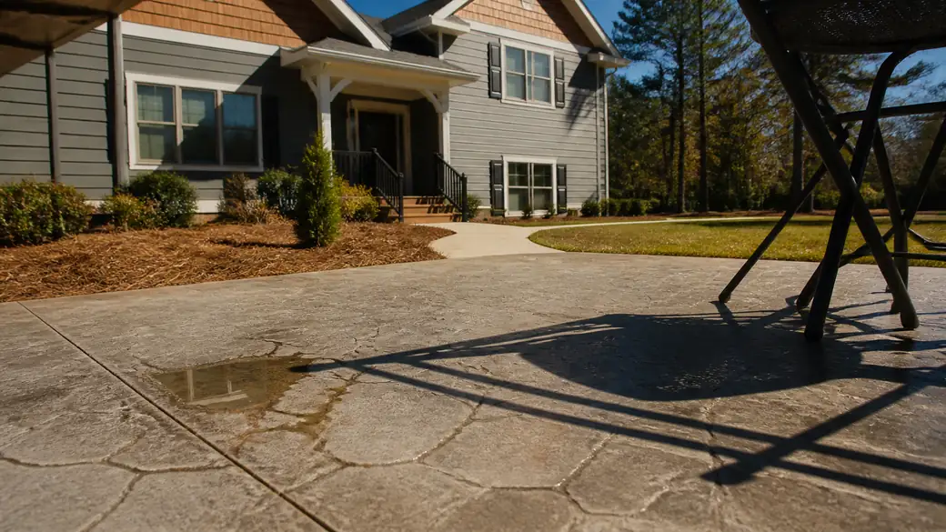 concrete patio repair completed by a local contractor at a grey split-level home in Warner Robins, GA, in clear late-morning sun.