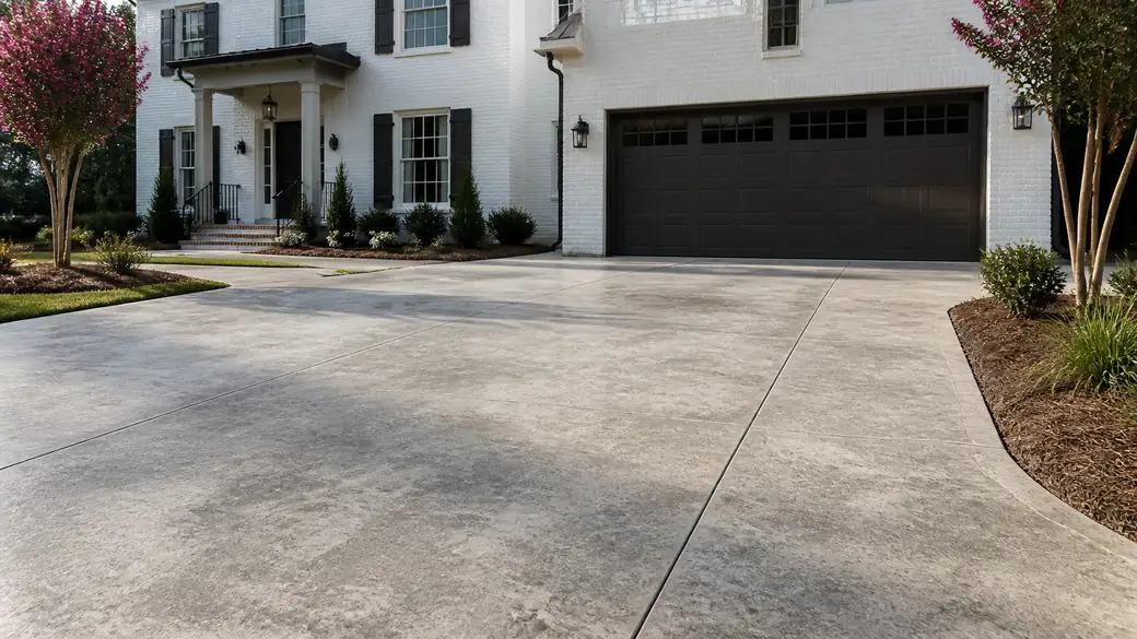 concrete repair and resurfacing completed by a local contractor at a painted-white-brick two-story home in Warner Robins, GA, under low winter sun.