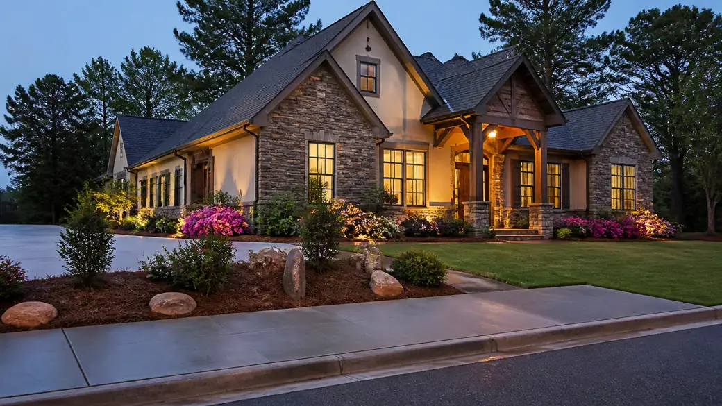 concrete repair services completed by a local contractor at a stacked-stone and stucco home in Warner Robins, GA, at blue hour.