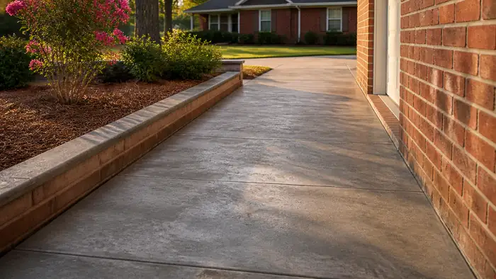 concrete sidewalk installation completed by a local contractor at a red-brick ranch home in Warner Robins, GA, in late afternoon light.
