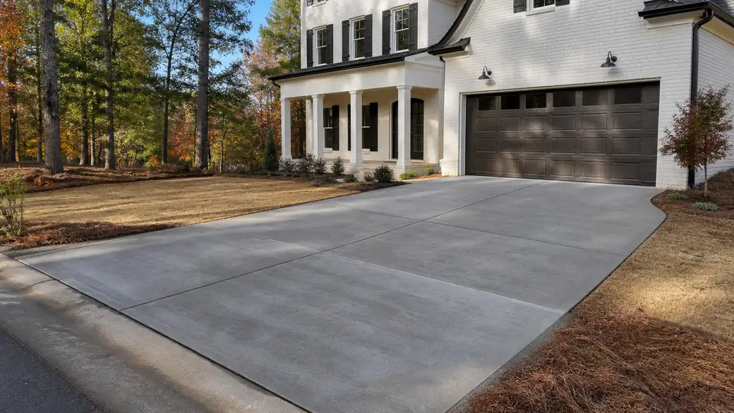 concrete slab installation completed by a local contractor at a painted-white-brick two-story home in Warner Robins, GA, under low winter sun.