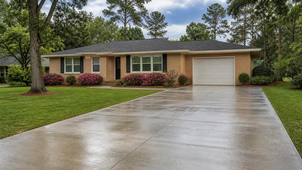 concrete slab repair completed by a local contractor at a buff-brick ranch home in Warner Robins, GA, after a rain shower.