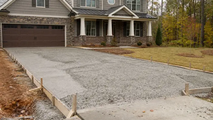 A ready-mix truck discharges concrete into a driveway form. at a brick-and-siding two-story home in Warner Robins, GA, under an overcast sky.