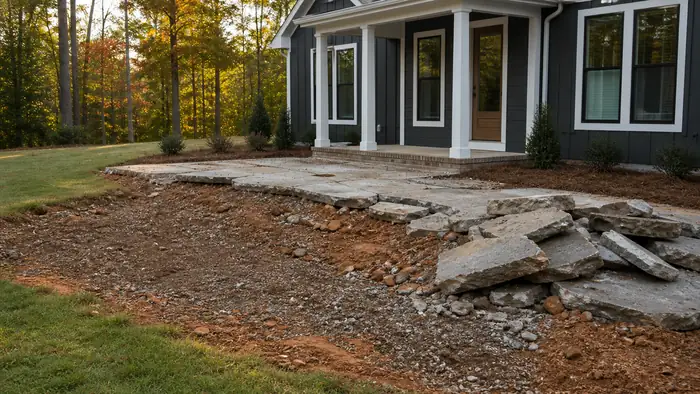 An old patio slab is broken up and hauled away. at a charcoal farmhouse-modern home in Warner Robins, GA, in early morning light.