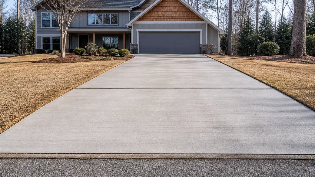 A finished concrete driveway sweeping from the street to the garage, clean-edged and evenly toned in the sun. at a grey split-level home in Warner Robins, GA.