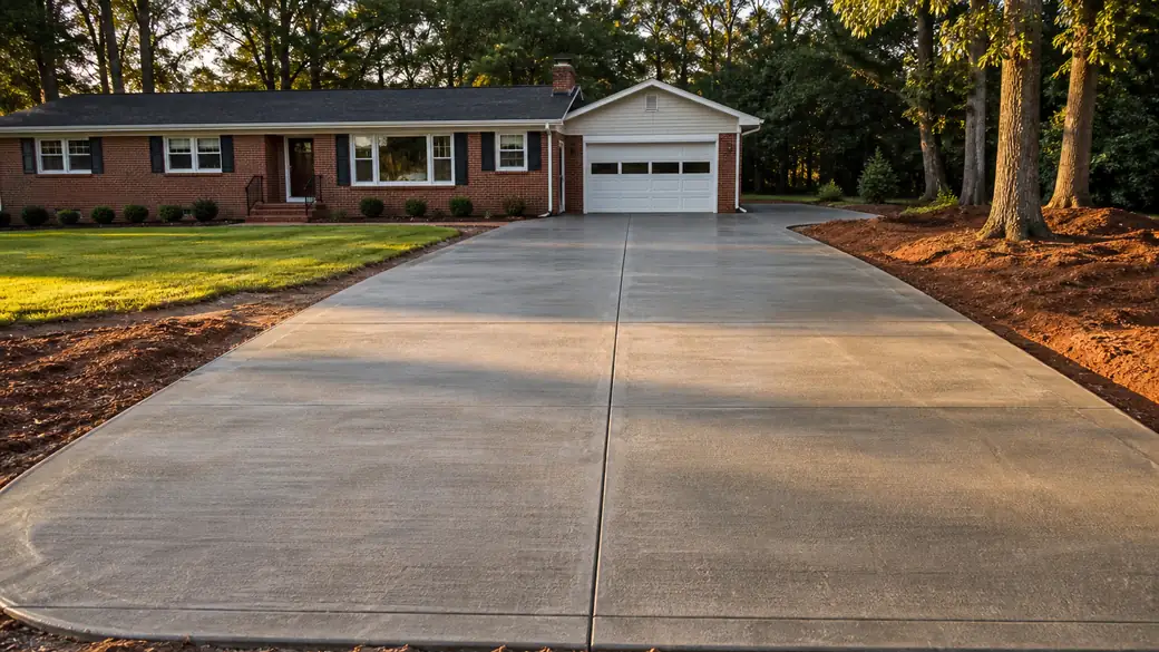 general concrete construction completed by a local contractor at a red-brick ranch home in Warner Robins, GA, in late afternoon light.