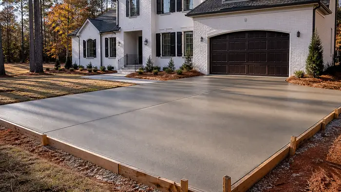 A hand trowel smooths a small patio surface to a hard finish. at a painted-white-brick two-story home in Warner Robins, GA, under low winter sun.