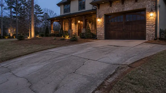 A worker examines an old driveway before replacement. at a stacked-stone and stucco home in Warner Robins, GA, at blue hour.