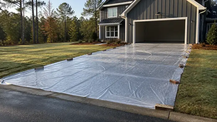 Plastic sheeting covers a curing driveway slab. at a charcoal farmhouse-modern home in Warner Robins, GA, in early morning light.