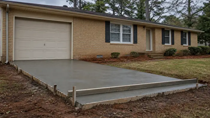 A screed board levels fresh concrete on a small patio. at a buff-brick ranch home in Warner Robins, GA, after a rain shower.