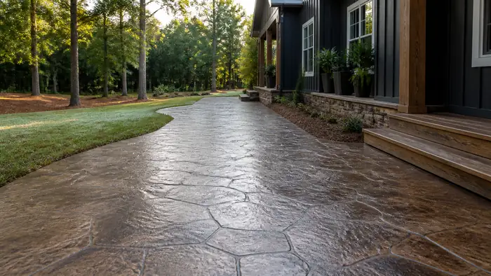 A finished stamped surface shows a glossy sealed sheen. at a charcoal farmhouse-modern home in Warner Robins, GA, in early morning light.