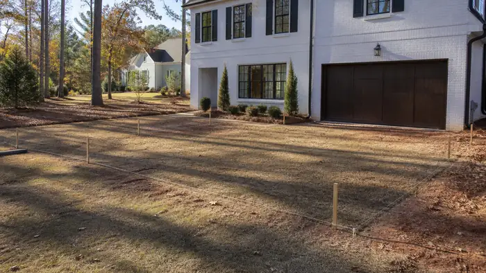 A contractor checks slope and drainage before work begins. at a painted-white-brick two-story home in Warner Robins, GA, under low winter sun.