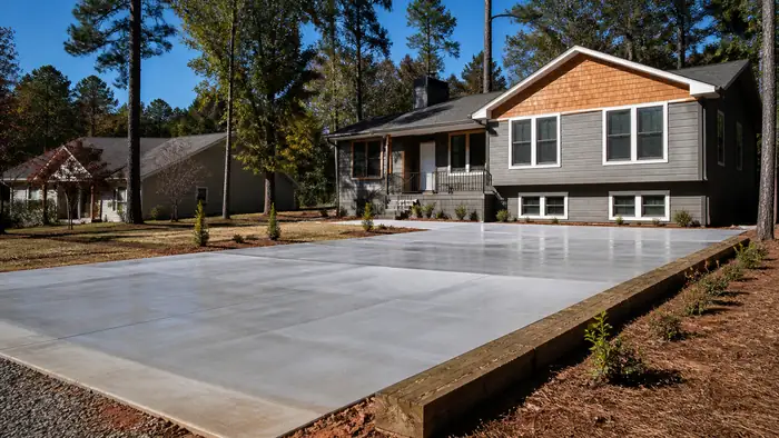 A hand sprayer applies curing compound to a finished patio. at a grey split-level home in Warner Robins, GA, in clear late-morning sun.