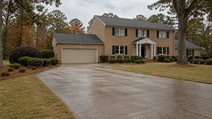 A sprayer applies sealer across a driveway. at a tan-brick colonial in Warner Robins, GA, under bright midday cloud.