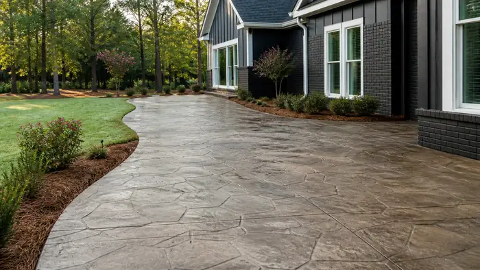 stained concrete installation completed by a local contractor at a charcoal farmhouse-modern home in Warner Robins, GA, in early morning light.