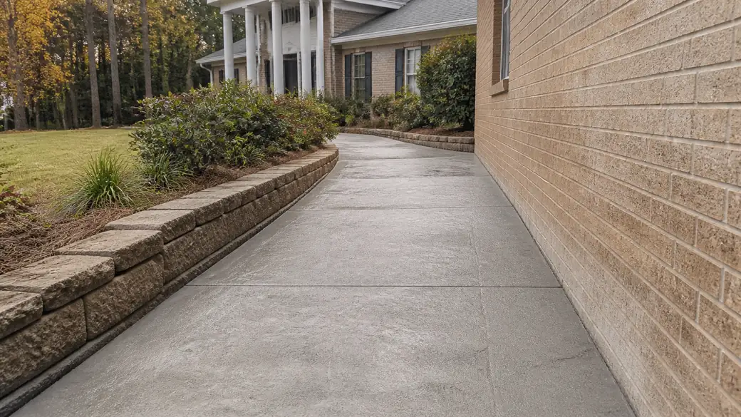 stamped concrete installation completed by a local contractor at a tan-brick colonial in Warner Robins, GA, under bright midday cloud.