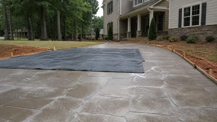 Stamping mats are pressed into a patio surface to imprint a pattern. at a brick-and-siding two-story home in Warner Robins, GA, under an overcast sky.