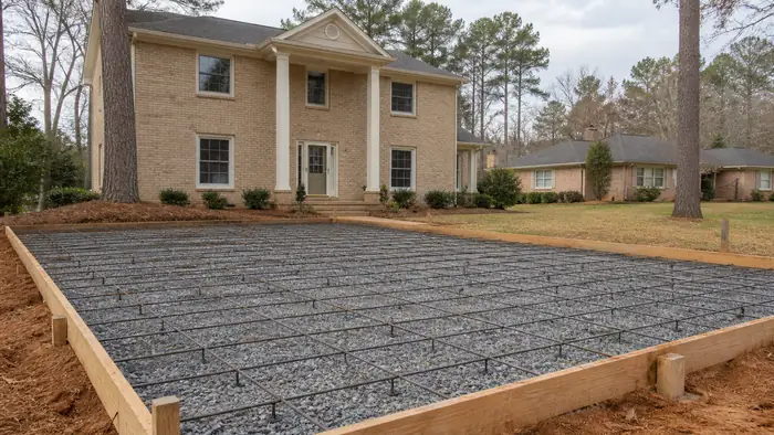 A worker ties rebar into a grid before a residential pour. at a tan-brick colonial in Warner Robins, GA, under bright midday cloud.