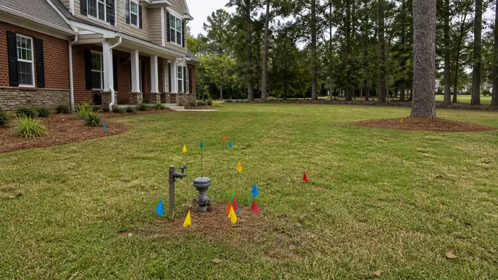Utility flags mark buried lines before digging starts. at a brick-and-siding two-story home in Warner Robins, GA, under an overcast sky.