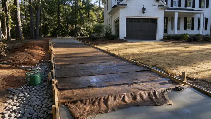 Damp burlap covers a small slab section during curing. at a painted-white-brick two-story home in Warner Robins, GA, under low winter sun.
