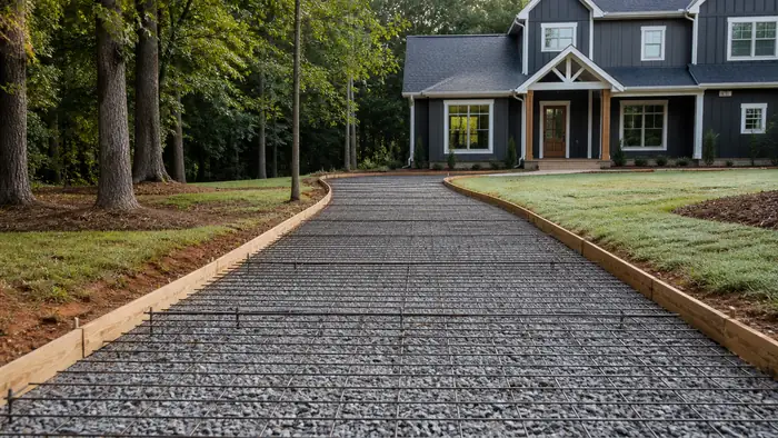 Wire mesh is unrolled across a driveway base before pouring. at a charcoal farmhouse-modern home in Warner Robins, GA, in early morning light.