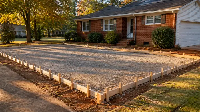 Wooden forms outline a patio slab before the pour. at a red-brick ranch home in Warner Robins, GA, in late afternoon light.